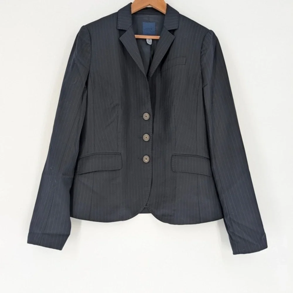 J.Crew‎ Womens Navy Blue Pinstripe 100% Wool 3-Button Blazer Jacket Size 12T